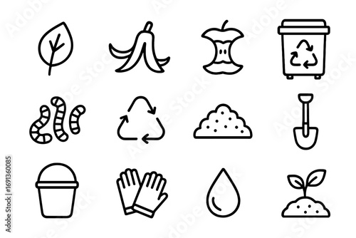 Composting Icon Set. Outline icon set of composting waste: leaf, banana peel, apple core, compost bin, worms,