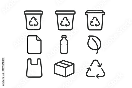 Recycling Icons Grid. Outline icon set of recycling bins: green bin, blue bin, yellow bin, arrows, paper icon,