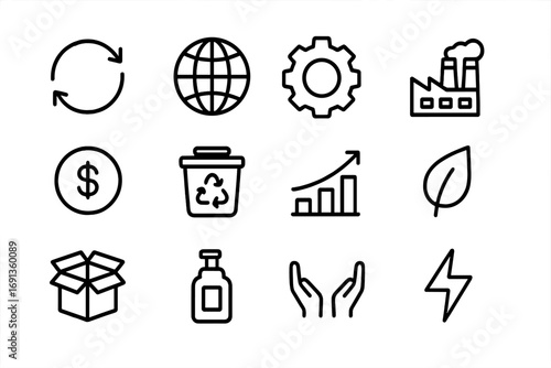 Circular Economy Icons. Outline icon set of circular economy: arrows, globe, gear, factory, money, recycle bin