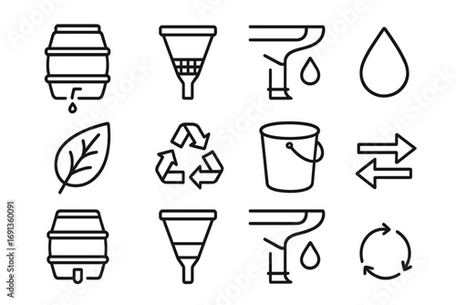 Eco Gutter Icon Set. Outline icon set of eco-friendly gutter solutions: rain barrel, filter, gutter, water