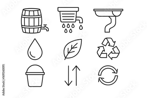 Eco Gutter Icon Set. Outline icon set of eco-friendly gutter solutions: rain barrel, filter, gutter, water
