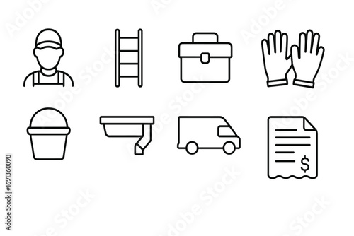 Gutter Service Icons. Outline icon set of professional gutter services: worker figure, ladder, toolbox, gloves