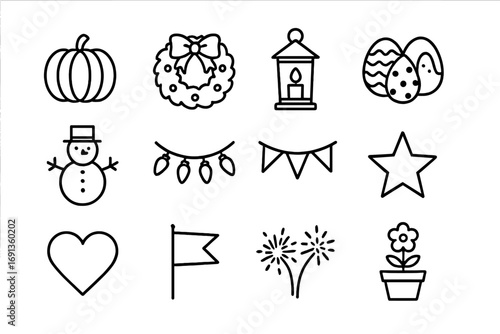 Seasonal Garden Icons. Outline icon set of seasonal garden decoration: pumpkin, Christmas wreath, lantern,