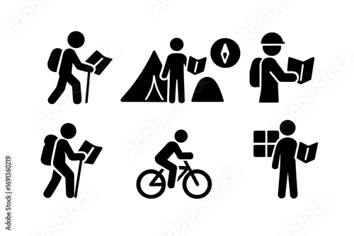 Outdoor Activity Icons. Solid, filled icon set of map reading outdoor activities: hiking, trekking, camping, orienteering,