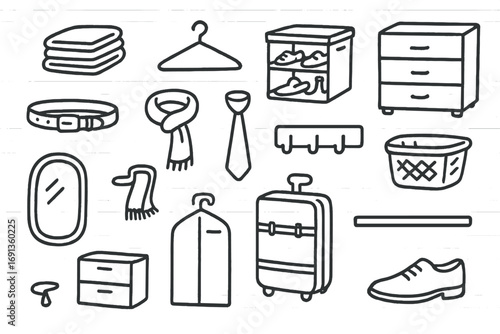 Organized Closet Doodles. Hand-drawn doodle illustration Stylish and functional closet folded clothes, hanger, shoe rack, storage