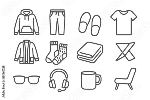 Comfort Fashion Icons. Outline icon set of fashion for remote work and comfort: hoodie, sweatpants, slippers,