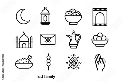 Eid Feast Icon Set. Outline icon set of Eid family feast: crescent moon, lantern, dates bowl, prayer mat, mosque silhouette, gift