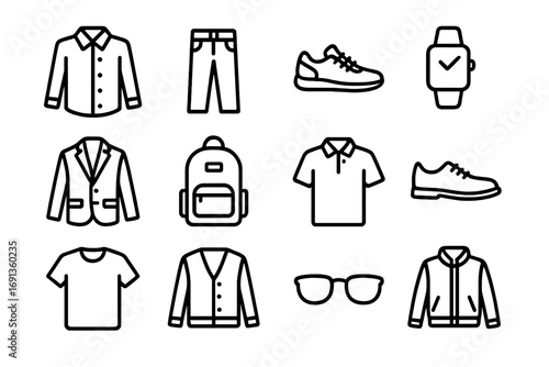 Hybrid Fashion Icons. Outline icon set of hybrid work fashion: button-up shirt, trousers, sneakers, smartwatch