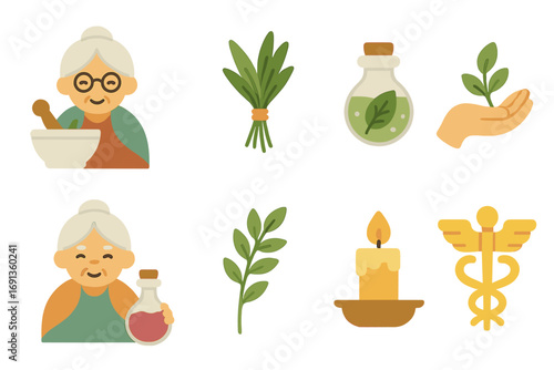 Elder Healing and Music Icons. Flat vector mini-illustrations Healer elders with medicinal herbs in colors children's