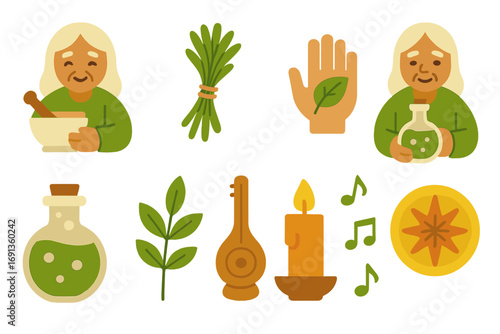 Elder Healing and Music Icons. Flat vector mini-illustrations Healer elders with medicinal herbs in colors children's