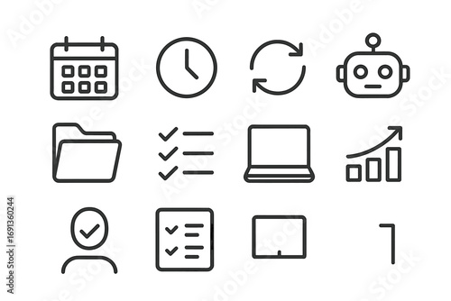 AI Scheduling Tools Icons. Outline icon set of AI scheduling tools: calendar, clock, arrows, robot head,