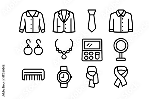 Video Call Essentials Icons. Outline icon set of video call outfits: blouse, blazer, tie, dress shirt,