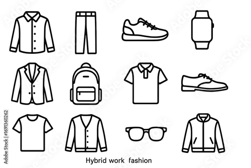 Hybrid Fashion Icons. Outline icon set of hybrid work fashion: button-up shirt, trousers, sneakers, smartwatch