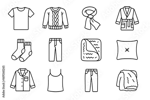 Cozy Fabric Icons. Outline icon set of cozy fabrics: cotton T-shirt, wool sweater, silk scarf, fleece robe,