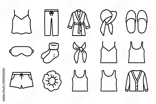Chic Pajama Icons. Outline icon set of pajama chic: satin top, pajama pants, robe, slippers, eye mask, fuzzy