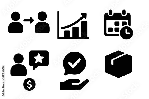 Outsourcing Workflow Icons. Solid, filled icon set of outsourcing workflow: task assignment, progress chart, deadline calendar,