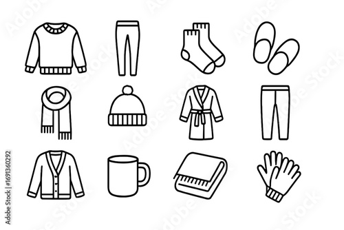 Cozy Winter Icons. Outline icon set of cozy winter work fashion: knit sweater, leggings, wool socks, slippers,