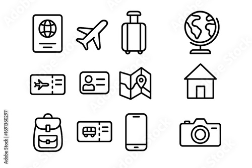 Study Travel Icons. Outline icon set of study abroad experiences: passport, airplane, suitcase, globe,