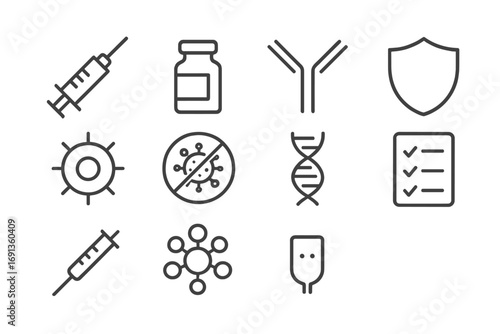Vaccination Icon Set. Outline icon set of vaccination and immunity: syringe, vial, antibody, shield, memory