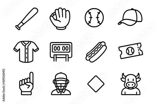 Baseball Icon Set. Outline icon set of baseball game day: bat, glove, ball, cap, jersey, scoreboard, hotdog,