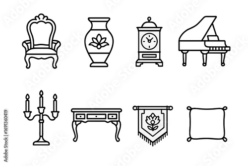 Palace Furniture Icons. Outline icon set of palace furniture and decor: ornate chair, decorative vase, grand piano, antique clock,