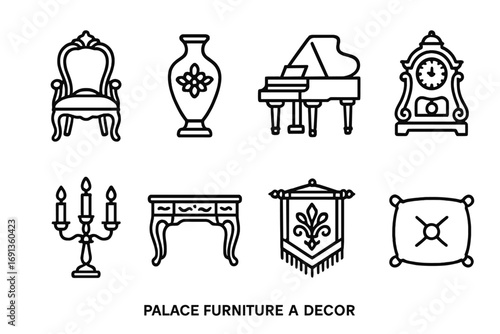 Palace Furniture Icons. Outline icon set of palace furniture and decor: ornate chair, decorative vase, grand piano, antique clock,