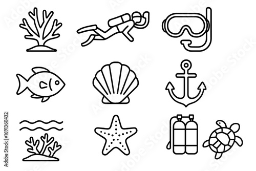 Coral Reef Icon Set. Outline icon set of coral reef preservation: coral, scuba diver, snorkel mask, tropical