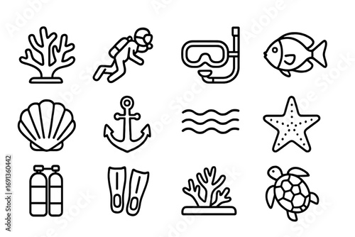 Coral Reef Icon Set. Outline icon set of coral reef preservation: coral, scuba diver, snorkel mask, tropical