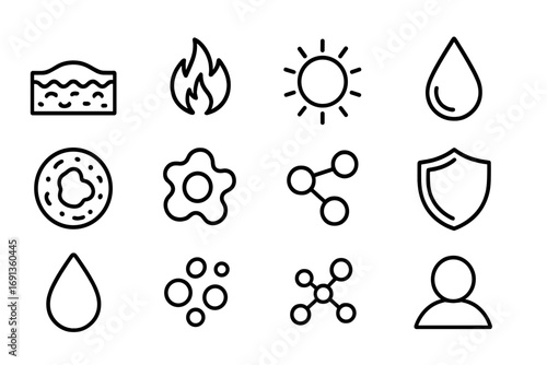 Inflammatory Response Icons. Outline icon set of inflammatory response: swollen tissue, heat symbol, redness,