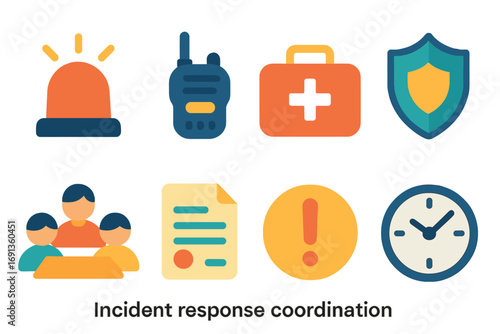 Emergency Icons for Kids. Flat vector mini-illustrations Incident response coordination in colors children's illustrations: siren,