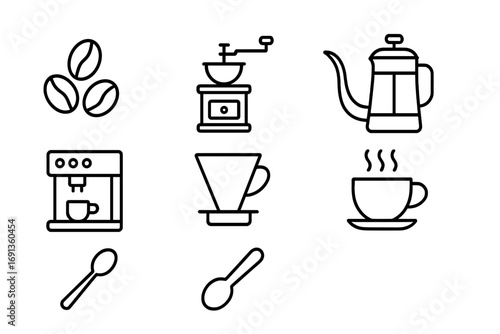 Coffee Icon Set. Outline icon set of brewing coffee: coffee beans, grinder, kettle, French press, espresso