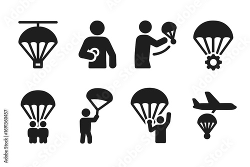 Parachute Deployment Icons. Solid, filled icon set of parachute deployment methods: static line, manual ripcord, pilot chute throw