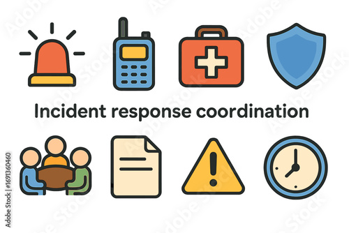 Emergency Icons for Kids. Flat vector mini-illustrations Incident response coordination in colors children's illustrations: siren,