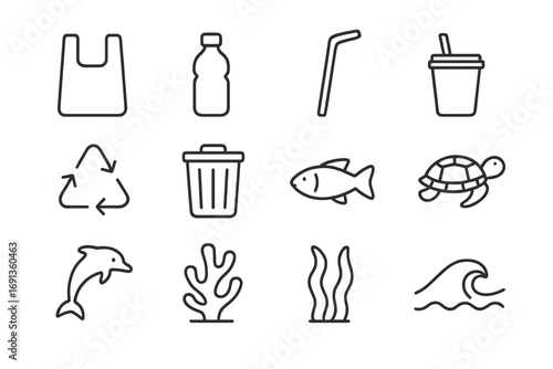 Plastic-Free Ocean Icons. Outline icon set of plastic-free oceans: reusable bag, bottle, straw, cup, recycling