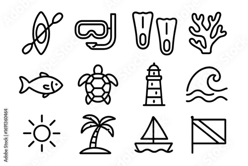 Eco-Tourism Icons. Outline icon set of eco-tourism and oceans: kayak, snorkel, fins, reef, fish, turtle,