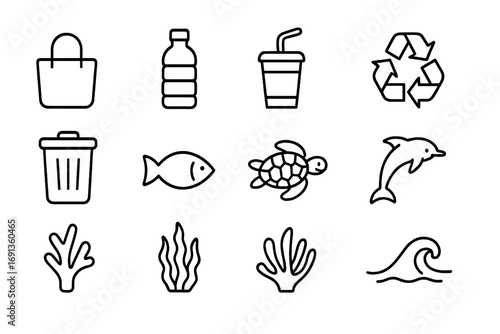 Plastic-Free Ocean Icons. Outline icon set of plastic-free oceans: reusable bag, bottle, straw, cup, recycling