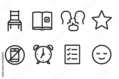 Parental Discipline Icons. Outline icon set of parental discipline: timeout chair, rule book, talking, reward star, no phone,