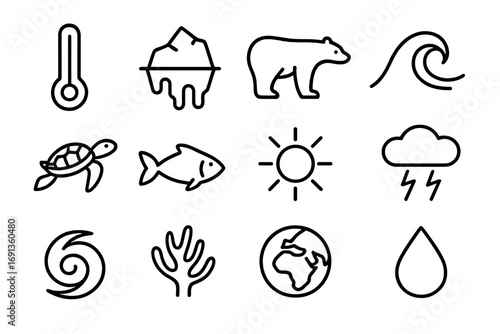Climate Change Ocean Icons. Outline icon set of climate change and oceans: thermometer, melting ice, polar