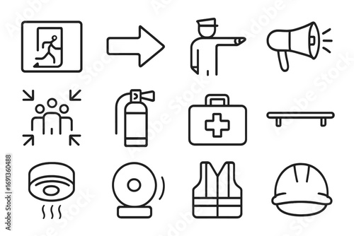 Emergency Icons Grid. Outline icon set of emergency evacuation guidance: exit sign, arrow, guard directing, megaphone, assembly