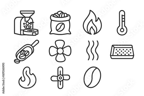 Coffee Roasting Icons. Outline icon set of coffee roasting: roasting machine, sack of beans, flame,