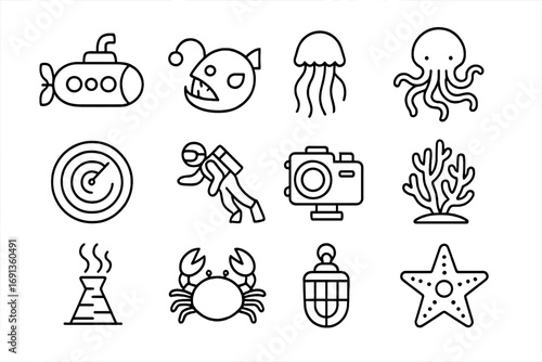 Deep Sea Icons. Outline icon set of deep sea exploration: submarine, anglerfish, jellyfish, octopus, sonar,