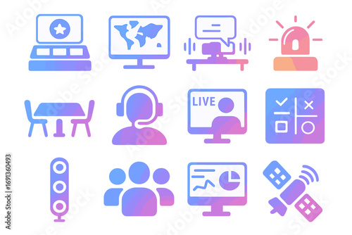 Emergency Response Icons. Gradient icons set of emergency response coordination centers: mission control, world map display,