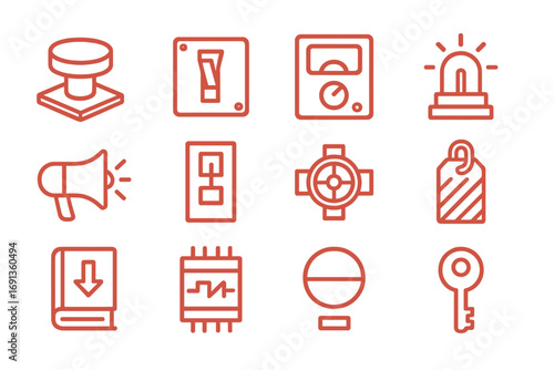 Emergency Icon Set. Outline icon set of emergency stop and shutdown: red mushroom button, switch box, control panel, warning light