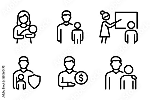 Parental Role Icons. Outline icon set of parental roles: mother, father, guardian, caregiver, teacher, protector, provider, mentor