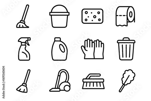 Household Cleaning Icons. Outline icon set of household cleaning: mop, bucket, sponge, toilet paper roll,