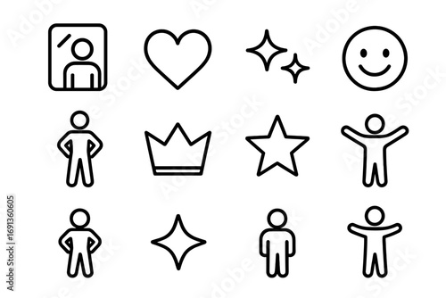 Positive Self-Image Icons. Outline icon set of positive self-image: mirror, heart, sparkle, smiling face,