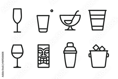 Party Glassware Icons. Outline icon set of party glassware: champagne flute, shot glass, punch bowl, plastic cup, wine goblet,