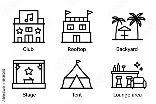 Party Location Icons. Outline icon set of party locations: club building, rooftop, dance floor, backyard, stage, tent, bar counter
