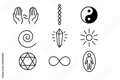 Energy Healing Icons. Outline icon set of Energy healing symbols: reiki hands, chakra alignment, yin-yang, energy swirl, crystal