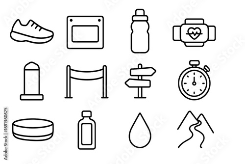 Endurance Sports Icons. Outline icon set of endurance sports records: marathon shoe, race bib, hydration bottle, heart rate